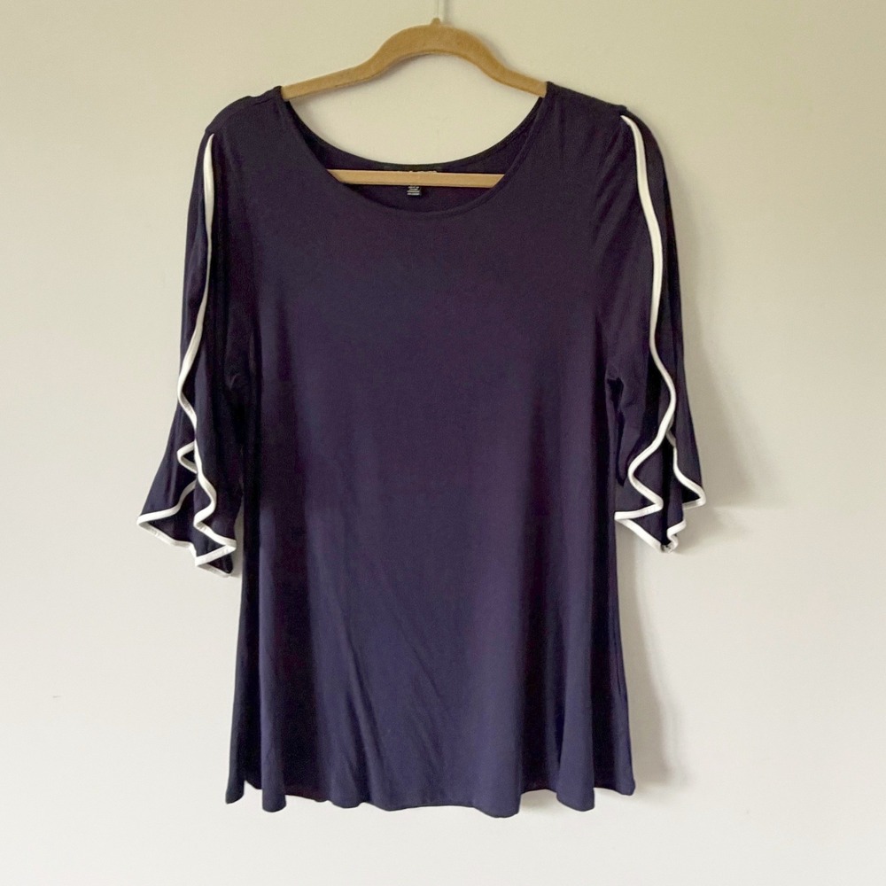 Cable & Gauge Navy Blue Split Bell Sleeve Top White Trim Size L Office Feminine